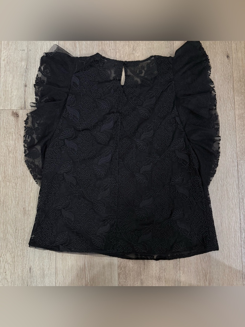 BCBGMaxAzria Black Embroidered Sheer Flutter Sleeve Top - Picture 4 of 4